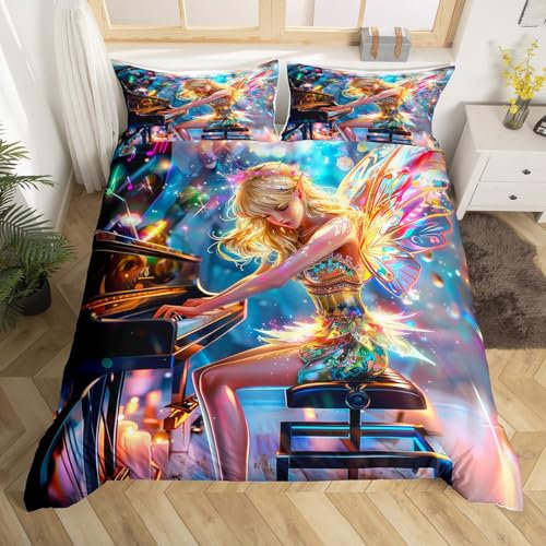 Fee Mädchen Bettbezug Set S Größe,Bunte Schmetterling Flügel Prinzessin Bettwäsche,Klavier Musik Tröster Abdeckung Kinder Teens Zimmer,geheimnisvolle und magische Stil Quilt Cover,1 Kissenbezug