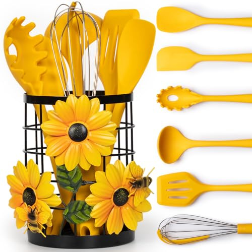 Sunflower Utensil Holder with Silicone Kitchen Utensil Set, 6 Pieces Jar Holder, Kitchen Decoration and Theme Accessories, Yellow Counter, Country Kitchen Decoration