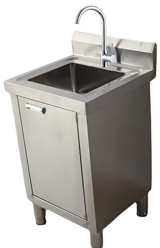 Lavello cucina acciaio inossidabile con mobiletto, stazione lavello commerciale per esterni, stazione lavaggio mano vasca singola, per lavanderia integrata con rubinetto, armadio stoccaggio grande(50*