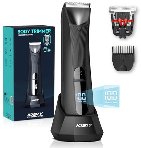 Intimrasierer Mann, Kibiy Elektrischer Körperrasierer Herren mit LED-Licht & Display, IPX7 Wasserdichter Körperhaartrimmer für Herren mit Wechselbarer Anti-Schnitt Keramikklinge, mit Ladestation