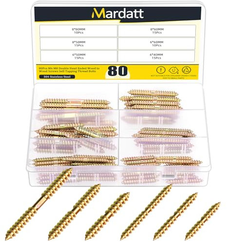 Mardatt 80Pcs M6 M8 Double Ended Self Tapping Screws, Double Ended Screws Dowel Screw Woodworking Furniture Connector Double Ended Screw, M6x40, M6x50, M6x60, M8x50, M8x60, M8x80