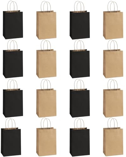 Papiertüten Schwarz und Braun, 16 Stück Geschenktüten TUIOLUI Kleine Kraftpapiertüten mit Henkel Tüten für Einkaufen, Hochzeiten, Verpackungen, Partys, Geburtstag, Weihnachten, Valentinstag 15X8X21 cm
