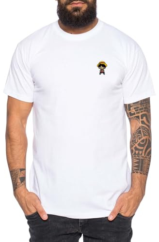 Ruffy Icon Straw Hat Besticktes Herren T-Shirt - Manga Stick Pirat Anime One, Farbe:Weiß, Größe:XL