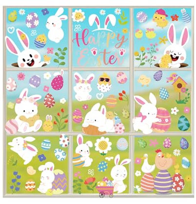 CharmBurst 9 Feuilles Images de Fenêtre Pâques, Autocollants Décoratifs avec Lapin de Pâques, Œufs de Pâques et Poussins, Décoration de Fenêtre Printemps DIY, Autocollants de Fenêtre