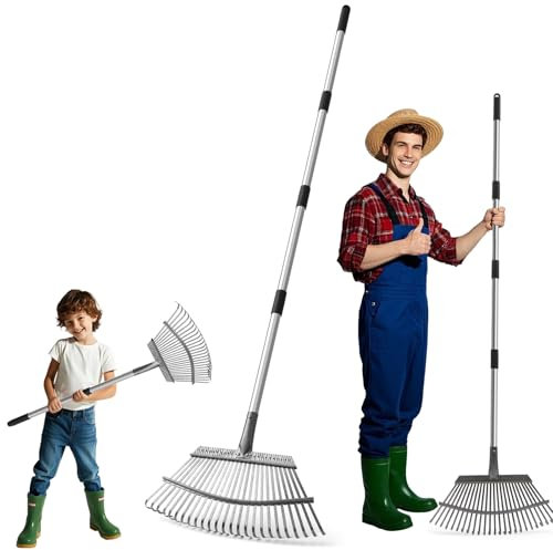 2-in-1-Laubrechen-Set mit Laubgreifer, 25-Zinken Garten Rechen für Laub, Rasen & Gras, Verstellbarer Langer Stiel Laubrechen, Breiter Metall-Rechenkopf, Effiziente Reinigung Laubsammler