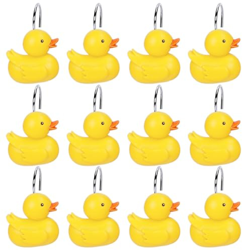 Whaline 12Pcs Yellow Duck Shower Curtain Hooks Home Decorative Duck Shower Curtain Rings Summer Cute Ducky Resin Curtain Hanger Hooks for Nursery Living Room Bedroom Bathroom Decor