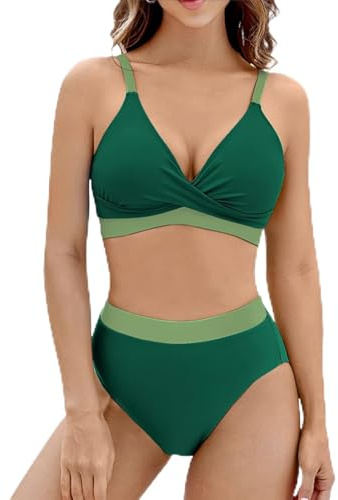 Maillot de Bain 2 pièces Taille Haute avec col en V et Bretelles réglables pour Femme (FR/ES, Alpha/Lettres, TG, Taille Normale, Taille Normale, Vert)