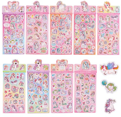 Einhorn Glitzer Sticker Kinder Aufkleber Aesthetic Scrapbook Set Fotoalbum Kawaii Cute Journal Glitzersticker Kids ab 2 Jahre Klein Wasserfeste Belohnungssticker Mädchen 9PCS 200+ Motiv Stickerbogen