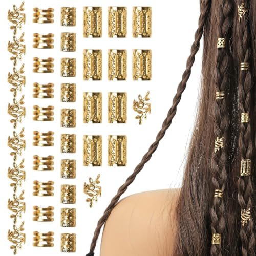 DWFEYOI 40 Stück Dreadlocks Schmuck Haarschmuck Gold, Metall Haarringe für Zöpfe, Verstellbar Cuffs Haarperlen Haarspiralen für Braids Zubehör Dekoration