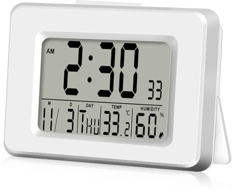 Digitaler Funkwecker, Digitaler Funkwecker mit Thermometer und Hygrometer, Funkuhr Digital mit Hintergrundbeleuchtung, Automatische Zeitsynchronisierung, Wochentag,Temperatur, Schlummerfunktion, Weiß