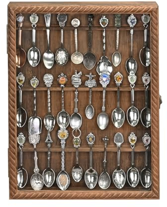 Ikee Design Wooden 30-Souvenir Spoon Display Case Cabinet, Wall-Mounted Tea Spoon Rack with Tempered Glass Door Suitable for Collection Display, Brown Color, 13.4W x 2.6D x 15.7H in