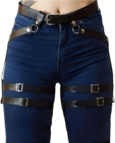 FUGLUS Cinturón de cuero sexy para el vientre, cadena de cintura,Punk Arnés de Cuero Cadenas de Cintura Cinturones de Vientre,arnés para piernas, liguero para muslo, accesorios de joyería para mujeres