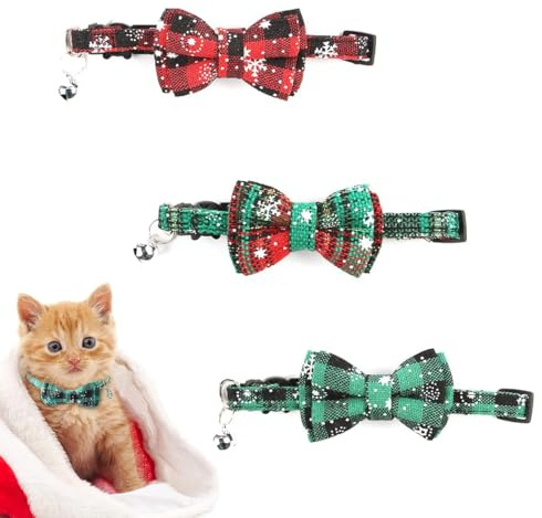 3 Stück Weihnachten Katze Halsband Verstellbar, Weihnachten Halsband Hund Katze Rote Grüne Karierte Schneeflocken Katzenhalsbänder mit Fliege & Glockenweihnachten Katzenkostüm Accessories