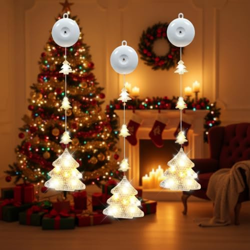FainFun 3 Stück Fensterlicht Weihnachten, Weihnachtsbeleuchtung Fenster Innen Batterie, Led Weihnachtsstern Fensterlichter für Weihnachten, Neujahr, Halloween und Partys (Baum,warmweißes Licht)