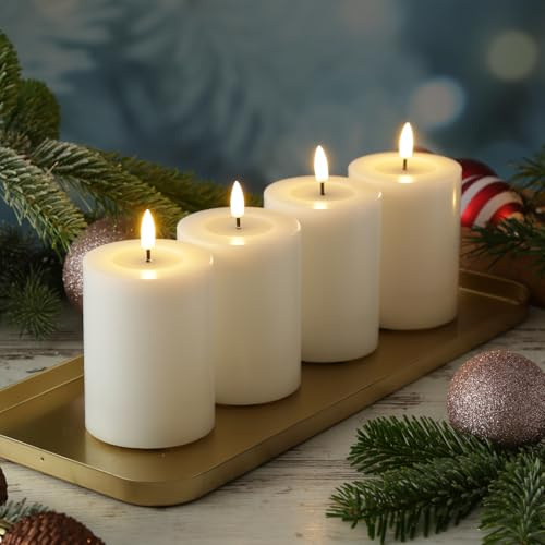 MARELIDA LED Kerzen Deluxe Homeart 4er Set Adventskerzen Echtwachs Kerzenset für Weihnachten Adventskranzkerzen 7,5 x 10cm mit Batterien und Fernbedienung (weiß)
