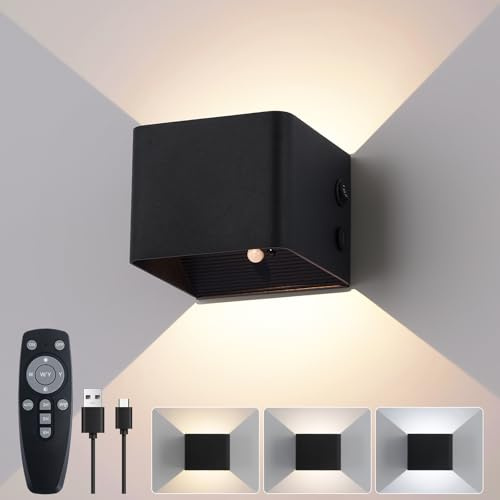 FUPE Akku Wandlampe Innen mit Bewegungssensor,Fernbedienung,Wandlicht Up and Down Innen LED Wandleuchte 3 Modi Wiederaufladbare Batteriebetriebene Wandlampen,Schwarz