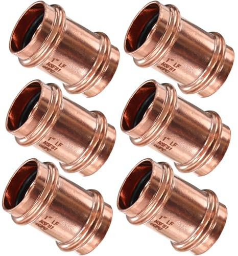 Copper Press Fittings,1inch Copper Coupling with Stop 1-Inch PxP Zero Lead,Outer Diameter 1-1/8”,6PCS Press Fittings 1” Coupling with Stop for Plumbing,Use with Hydraulic Press Fitting Tool