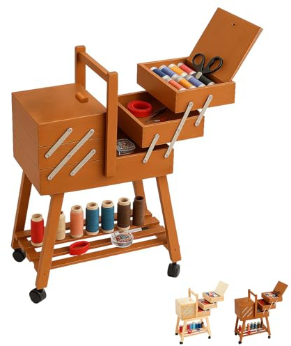 Paluplus Carrello Portacucito in Legno con Ruote, Misura 34x23x57 cm, Cestino a Scaletta a 3 Piani con 5 Scomparti per accessori cucito, sartoria e fai da te, Made in Italy -010F -5,4 (Noce)