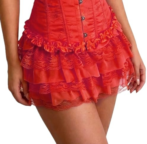 bslingerie Jupe Vintage Y2K à Volants Multicouches avec Bordure en Dentelle pour Femme avec Short en Dessous, Rouge, Taille L