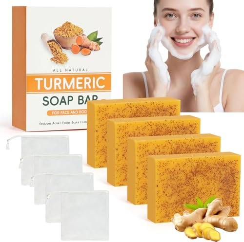 AOOWU Kurkuma Seife, 4 Stück Kojic Acid Soap, Kojisäure-Seife, Entfernen dunkler Flecken,Vitamin C Seifenstück, Sanfte Seife für Akne, Mitesser,Tiefenreinigung für Gesicht und Körper mit 4 Netzbeutel