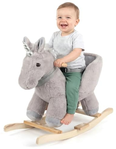 Veptorum Plüsch-Einhorn Schaukel mit Sicherheitsgurt, Massivholzfuß, hoher Rückenlehne & Haltegriffen, für Kinder ab 10 Monaten (Das graue Einhorn)
