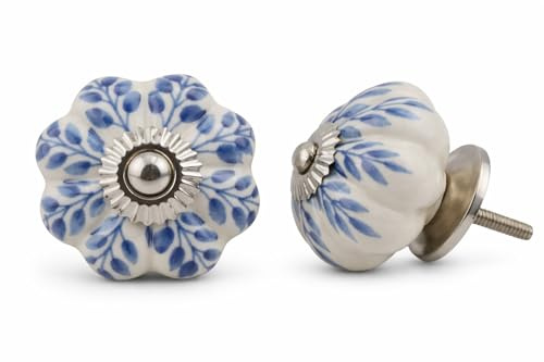 KPAVIR Uppsättning av 12 vita keramiska möbelknoppar med löv och blommor i vintage design (blå)
