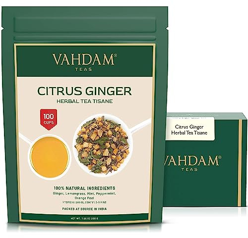 VAHDAM, Citrus Ginger Herbal Tea Tisane (100g) Kräuter Tee Loses Blatt | Ingwer, Zitronengras, Orangenschalen, Minze | Direkt Von Der Quelle In Indien | Aufbrühen Heißen/Eistee