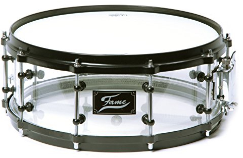 Fame Acryl Snare Drum, 14x5.5, Transparent Clear, Black HW, Stahl Spannreifen, Tube Style Böckchen, Preisbrecher, Erstaunliche Resonanz und Optik