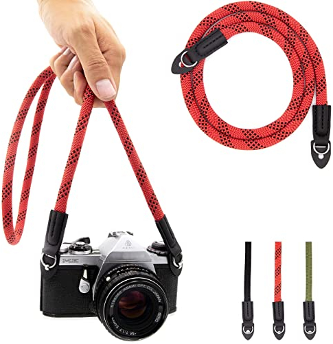 LENS-AID Bandoulière Appareil Photo Style Corde – Sangle de Cou 100 cm pour Caméra Reflex, Hybride, Rétro – Rouge/Noir