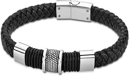 LOTUS STYLE Pulsera Hombre Cuero Brazalete de Diseño Sofisticado, Resistente y Confortable - Pulseras Hombre - Negra 215.00 mm LS2037-2/3 - Regalo de Cumpleaños, Día del Padre
