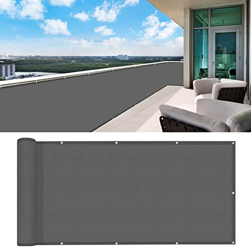 HENG FENG Frangivisto per Balcone 0.9x3m, 160g/㎡ PES Telo Balcone ringhiera,Protezione Privacy, Anti-UV, Impermeabile,Resistente al Vento, con Cinghie, Antracite