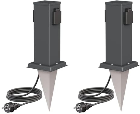 ledscom.de 2 Stück Garten-Steckdosen-Säule Polly mit Erdspieß und 2m Kabel für außen, IP44, 2-Fach, anthrazit, eckig, 27cm