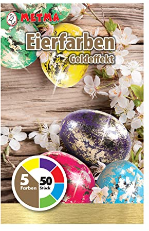Metma B-593 - Eierfarben mit Goldeffekt, flüssig, 5 Stück, Gelb, Lila, Rot, Blau, Grün, Schellack, mit Handschuh, Gold-Folie, für ca. 50 Ostereier, Ostern