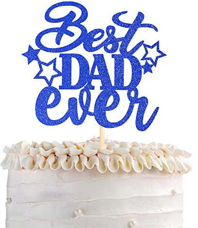1 Pack Happy Father's Day Cake Topper Glitter Best Dad Ever Cake Pick Super Dad Star Cake Decoration Love Dad Cupcake Topper for Happy Father's day Theme Men Birthday Party Supplies Blue