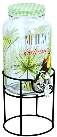 3 Litre Glass Drinks Dispenser with Metal Stand, Tap & Lid Water Juice Cocktail Punch - Toucan Printed