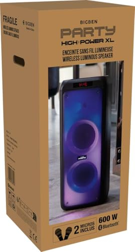BigBen PARTYBTHPXL - Altavoz portátil Bluetooth Potente 600W Party XL, LED Lights, USB, MicroSD, 2 entradas para Micro, AUX-IN, Mando a Distancia, asa para Transporte, 2 Micros Incluidos, Negro
