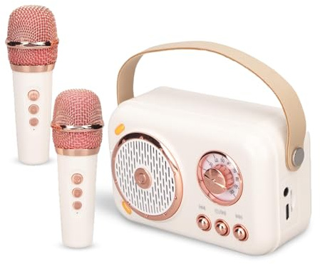 Mini Karaoke Machine with 2 Wireless Microphone Set, Portable Retro Bluetooth Speaker, Support AUX, TF Card, for Kids Adults Party