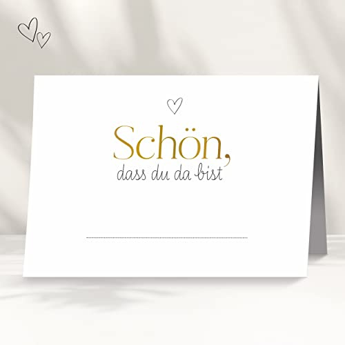50 Tischkarten für deine Hochzeit | Herz gold - Premium Platzkarte schön dass du da bist im Set, Sitzplatzkarte, Design Namenskarte für Gäste