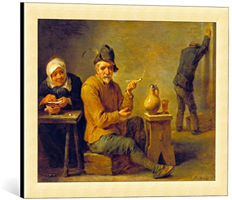 kunst für alle Bild mit Bilder-Rahmen: David Teniers Zwei Bauern und ein altes Weib in der Schenke - dekorativer Kunstdruck, hochwertig gerahmt, 55x40 cm, Gold gebürstet