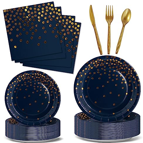 Nkaiso Stoviglie Per Feste 144 Pezzi Blu Navy Oro Festa della Addobbi Ragazza di Compleanno dei Dambini Festa Posate set Include Piatto di Carta Party Tovaglioli Riutilizzabili Posate -24 Ospiti