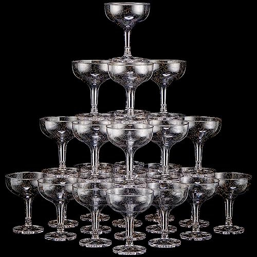 Zopeal 50 Pcs Champagne Glasses 5 oz Unbreakable Plastic Martini Glasses Disposable Wine Cups Stackable Stemmed Champagne Coupe Shatterproof Party Stem Cups for Wedding Birthday Bar (Gold Glitter)