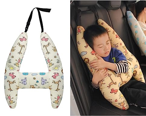 Kids Car Travel Pillow Car Seat Belt Cushion Head Neck Support Pillow Safety Strap Covers Adults Children Headrest for Car Travelling Sleeping Pillow (Beige)