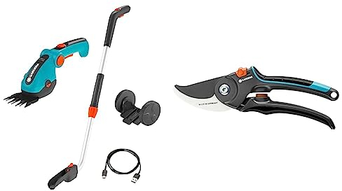 Gardena Set Akku-Grasschere ComfortCut Li: Rasenkantenschere und Teleskopstiel mit Rädern & Gartenschere B/M: Pflanzenschonende Baumschere mit Bypass-Schneide für Äste und Zweige