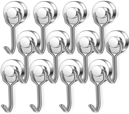 swihorab Magnethaken Extra Stark, 12Stück 20mm Neodym Magnet Hacken hält 15kg, Drehbar Magnetischer Haken rostfrei Metallhaken für Küche kühlschränke Schließfächer, Neodym Magnete Haken Magnetisch