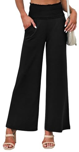 Cicy Bell Stoffhose Damen Sommer Elegant Palazzo Hose High Waist Flowy Weites Musselin Lockere Sommerhose Mit Tasche(Schwarz,L)