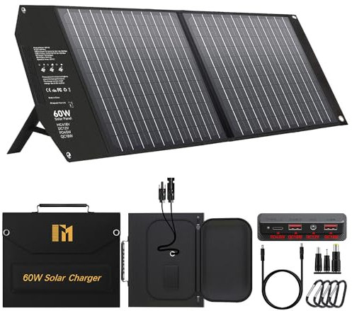 Mesuvida 60W Portable Solar Panel with 5 Ports, 18V MC4 Higher Output/18V DC/QC 3.0 USB-A & USB-C (PD 45W) Foldable Solar Panel for Portable Generator Power Station Smartphones Tablet