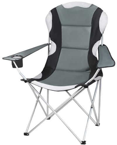 Sedia da campeggio, da pesca, pieghevole, con braccioli e portabevande ergonomica, resistente, colore: nero/grigio 23674
