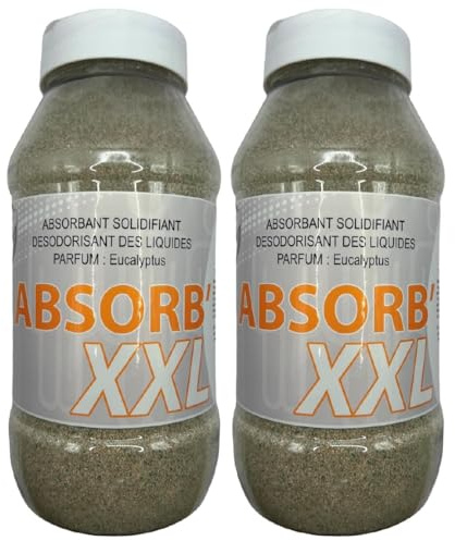 ABSORB XXL Poudre Super Absorbante Vomi, Urine et Liquides | Gélifiant Rapide et Solidifiant Parfumé à l’Eucalyptus | Pour Animaux, Enfants et Mal des Transports | Lot de 2 Bouteilles de 1L