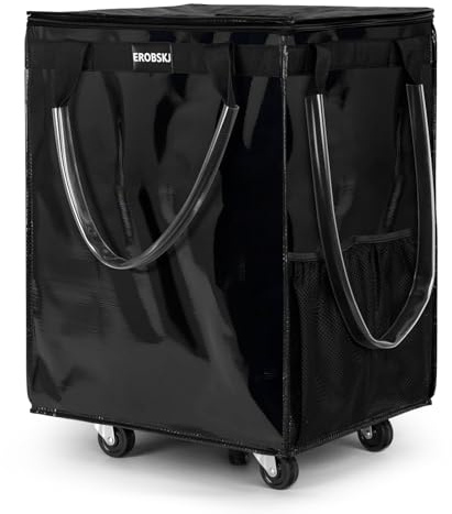 EROBSKJ (Large,Black) Reusable Grocery Bag on Wheels, Foldable Rolling Tote, Carries Up to 76 lbs Shopping Trolley, Zipper Clouser Shopping Carts for Trips, Laundry, 5 Heavy Duty Wheels and 3 Handles