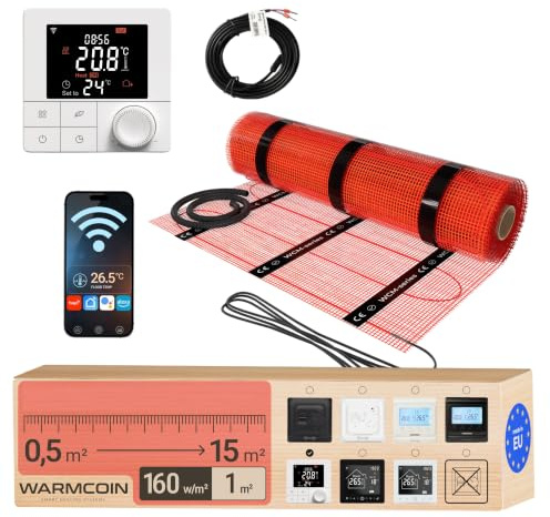 Warmcoin Elektrische Fußbodenheizung Paket 160 W/m² – Fliesen, Laminat & Vinyl – 1,0 m² – W40 WLAN-Thermostat mit komfortabler Temperatursteuerung – Smart Home